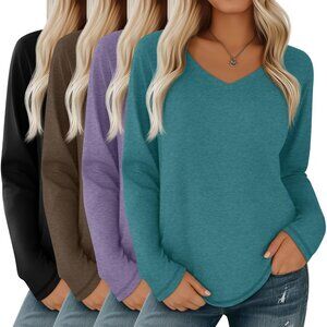 Women's Long Sleeve V Neck Tees Pack Basic Casual Loose Fit Top Outfits